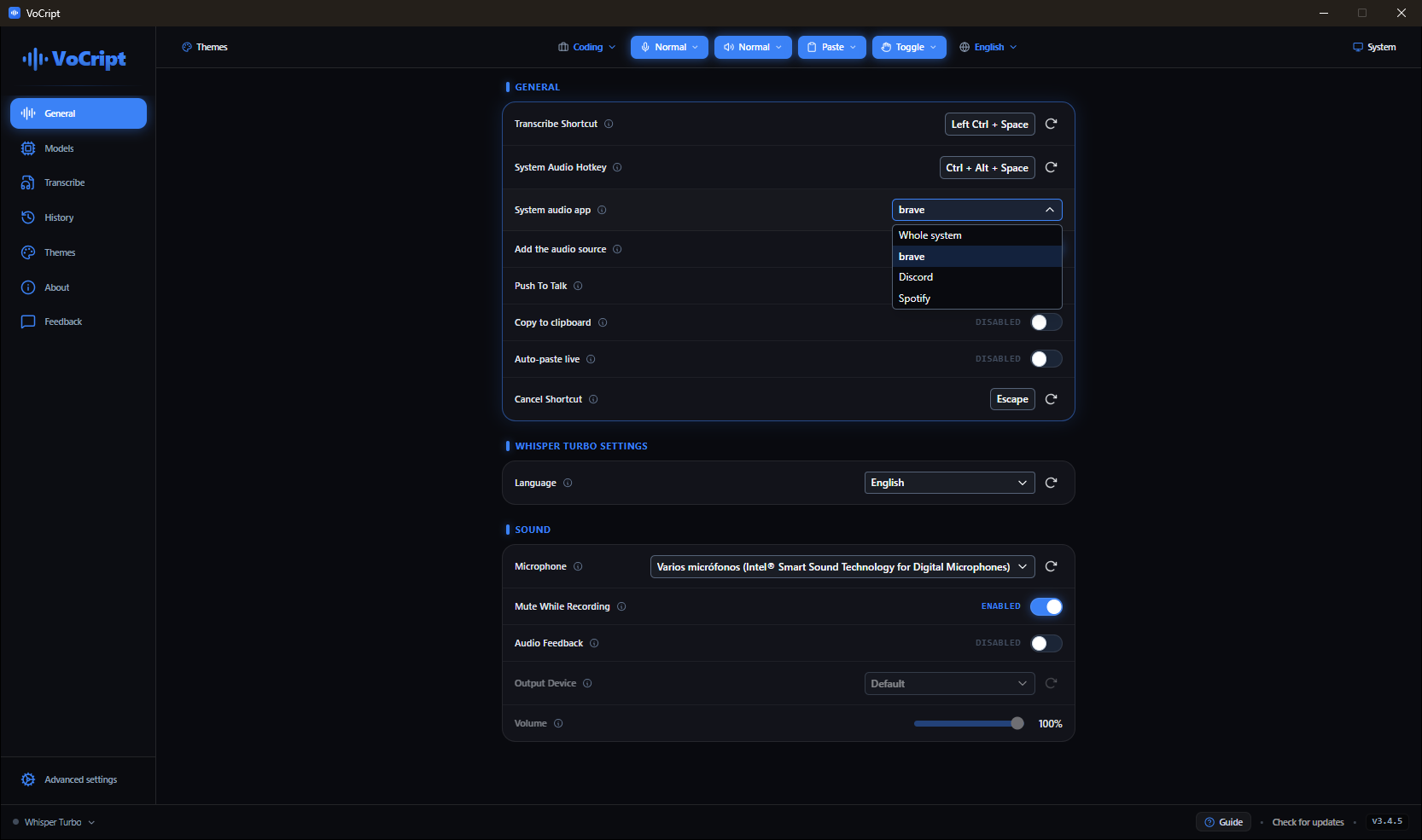 VoCript settings with the system audio source picker open