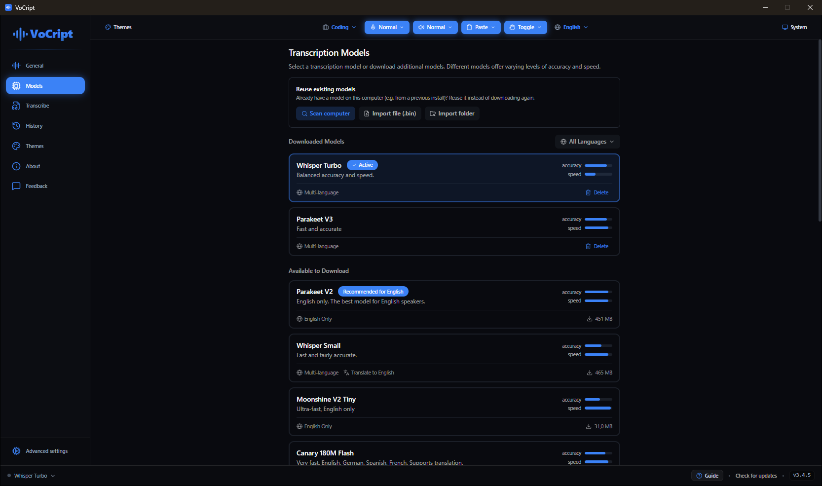 Installed transcription models and models available to download