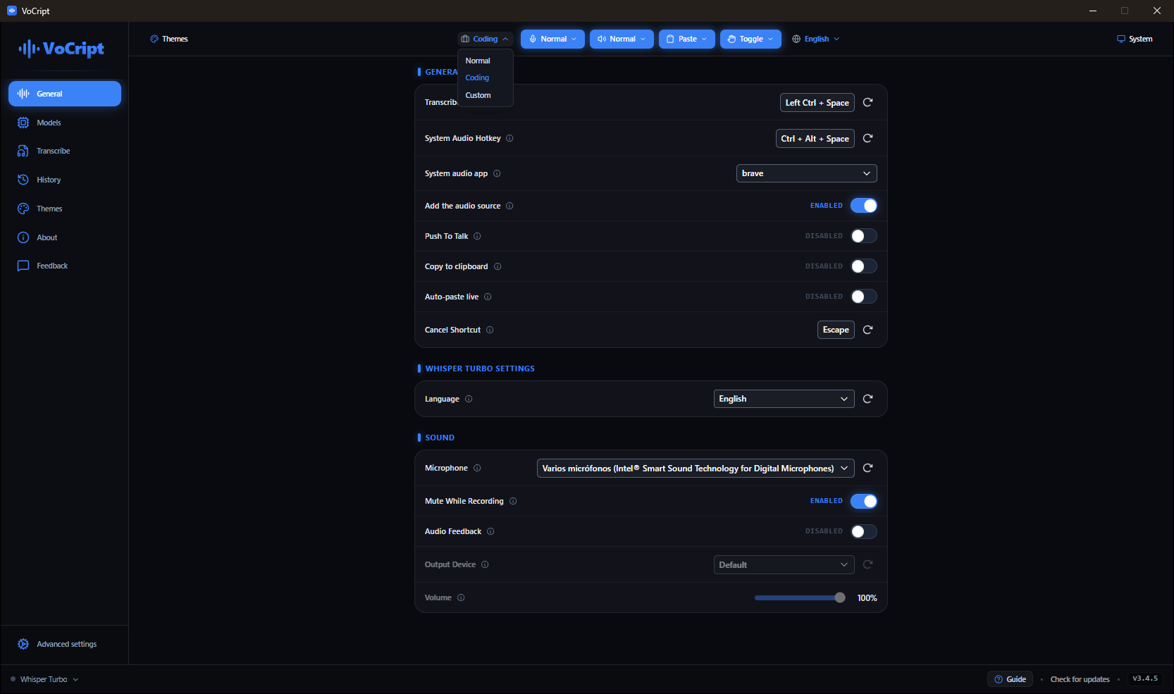 Profile picker: Normal, Coding, Custom